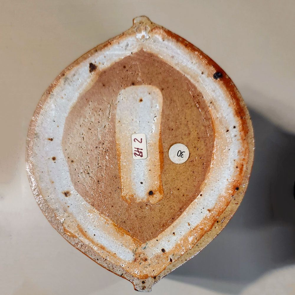 Bente Hansen, Denmark, unique stoneware segmented vase with brick red, blue and pale gray matte glaze L3304