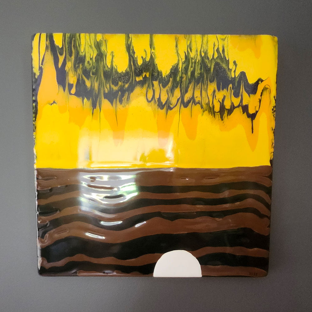 Bengt Berglund for Gustavsberg, Sweden, enamel wall hanging in black, brown and yellow M5390