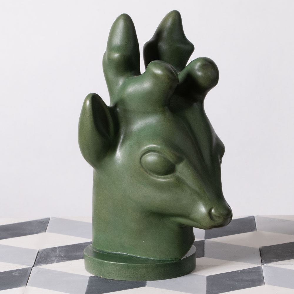 Axel Salto for P. Ipsen , Denmark, bust of a deer with matte green glaze K2278