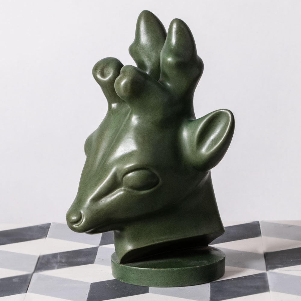 Axel Salto for P. Ipsen , Denmark, bust of a deer with matte green glaze K2278