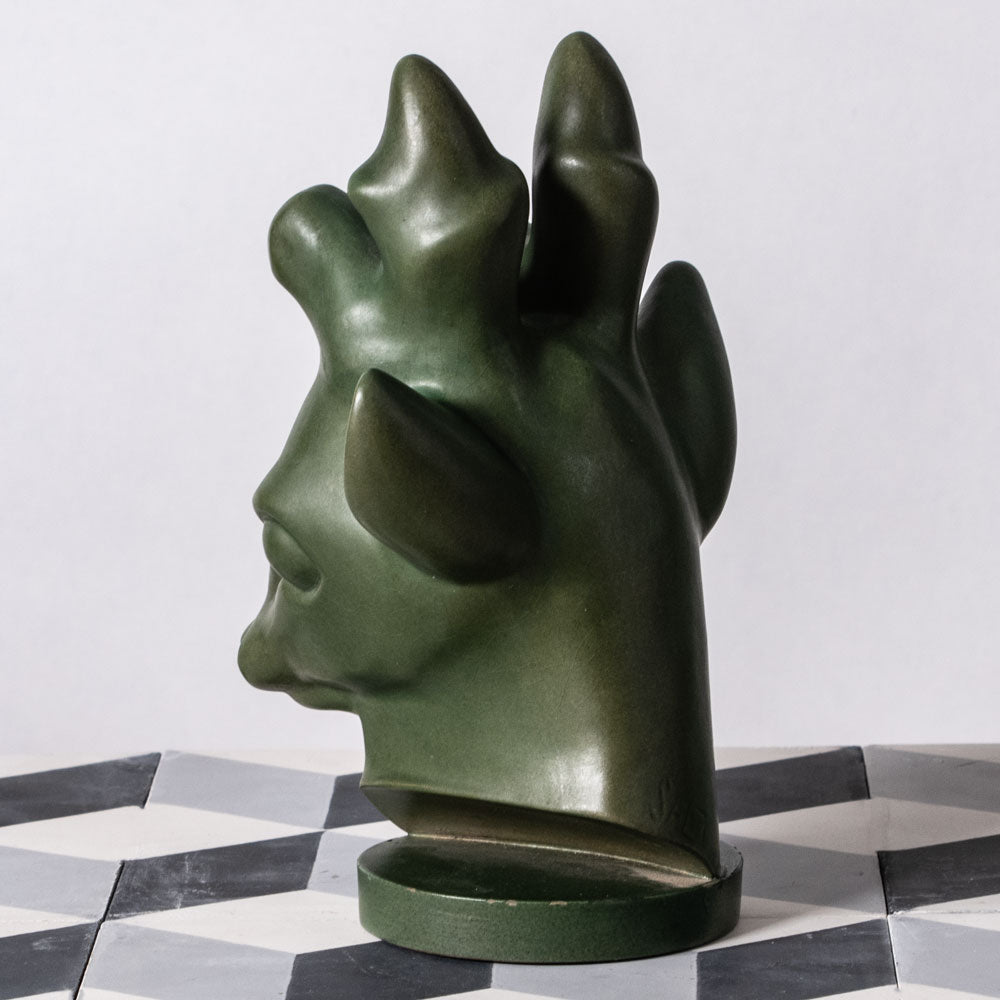 Axel Salto for P. Ipsen , Denmark, bust of a deer with matte green glaze K2278