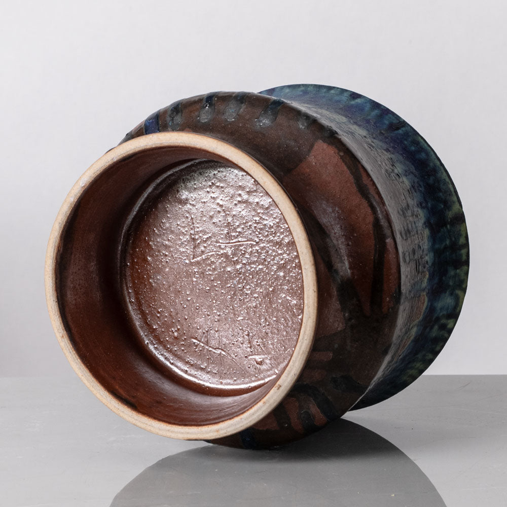 Liisa Hallamaa for Arabia, Finland, unique stoneware vase with dripping blue over brown glaze K2223