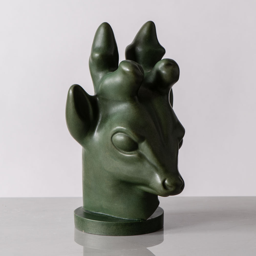 Axel Salto for P. Ipsen , Denmark, bust of a deer with matte green glaze K2278