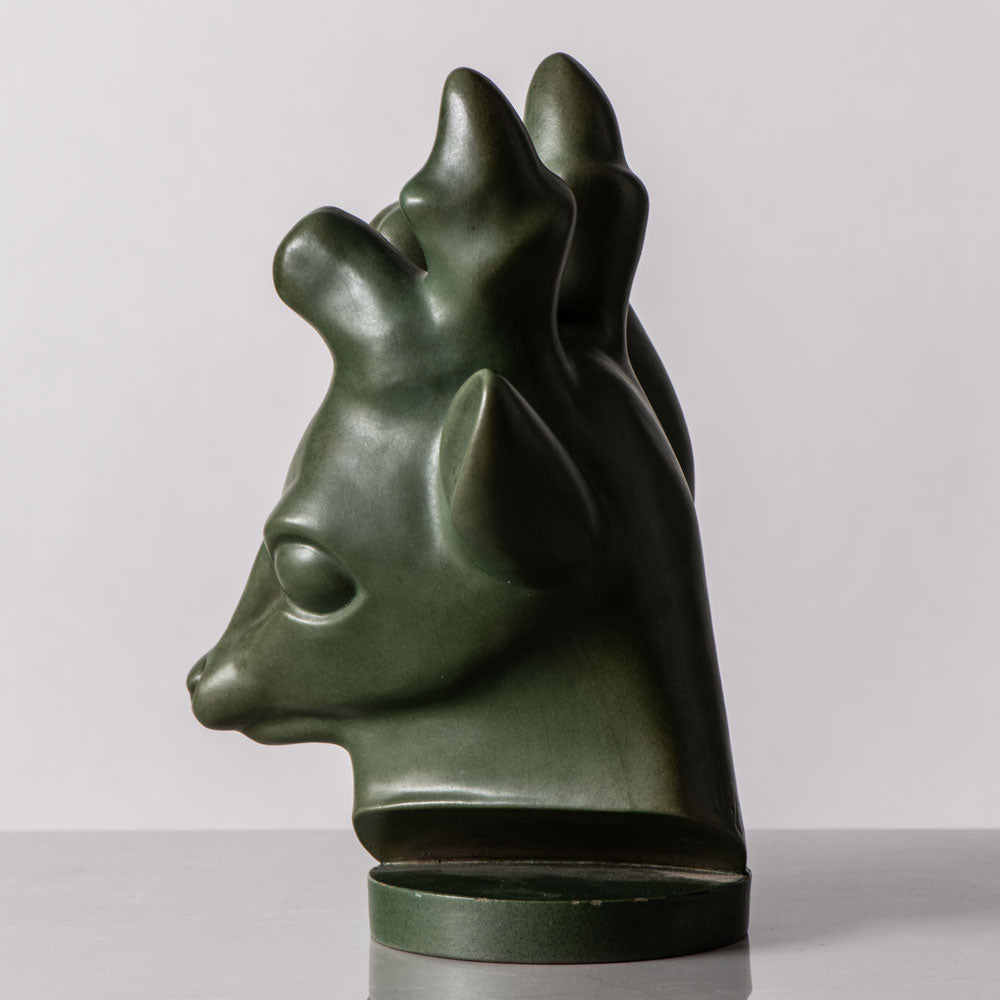 Axel Salto for P. Ipsen , Denmark, bust of a deer with matte green glaze K2278