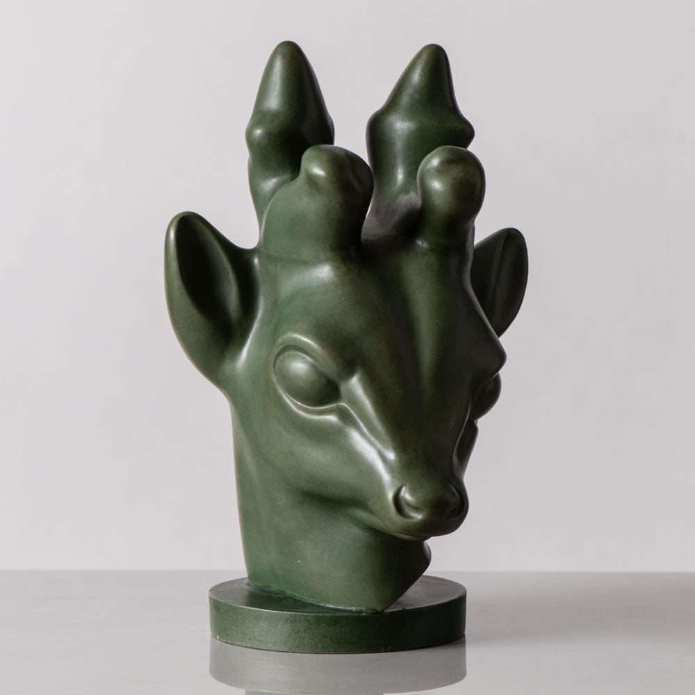 Axel Salto for P. Ipsen , Denmark, bust of a deer with matte green glaze K2278