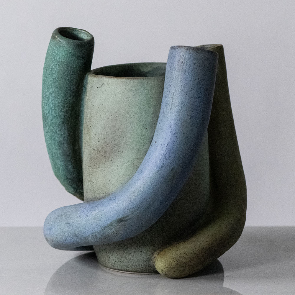 Beate Kuhn, Germany, unique sculptural vessel with matte blue and green glaze K2326