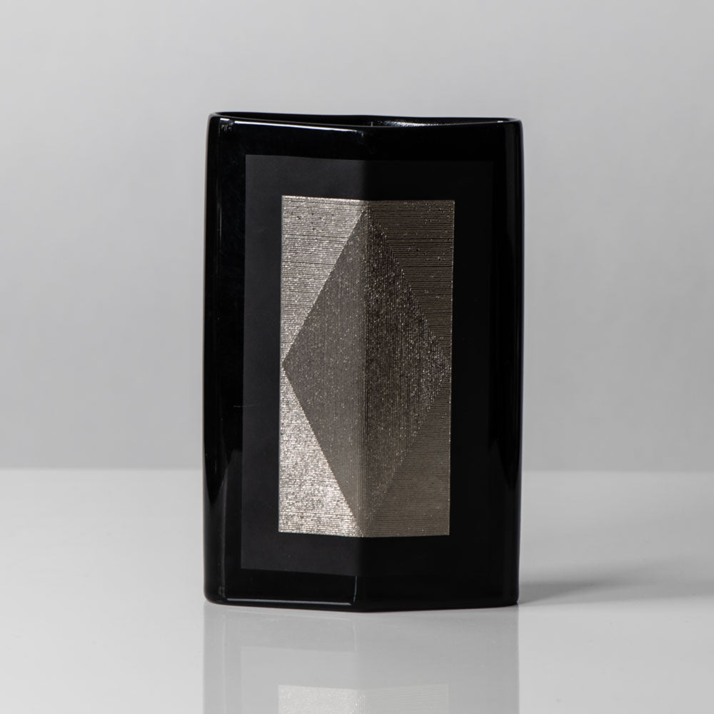 Helmut Dresler for Rosenthal, Germany, porcelain vase with glossy black glaze and silver applique  J1395