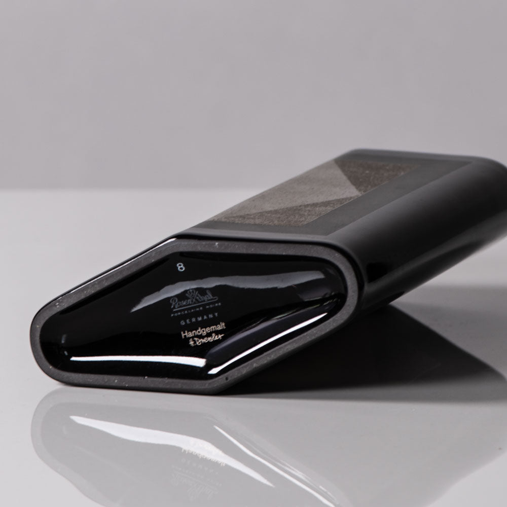 Helmut Dresler for Rosenthal, Germany, porcelain vase with glossy black glaze and silver applique J1395