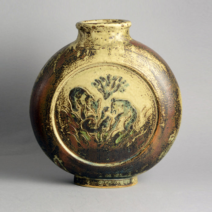 Knud Kyhn for Royal Copenhagen, Denmark, flattened circular vase with bear illustration in relief A1094