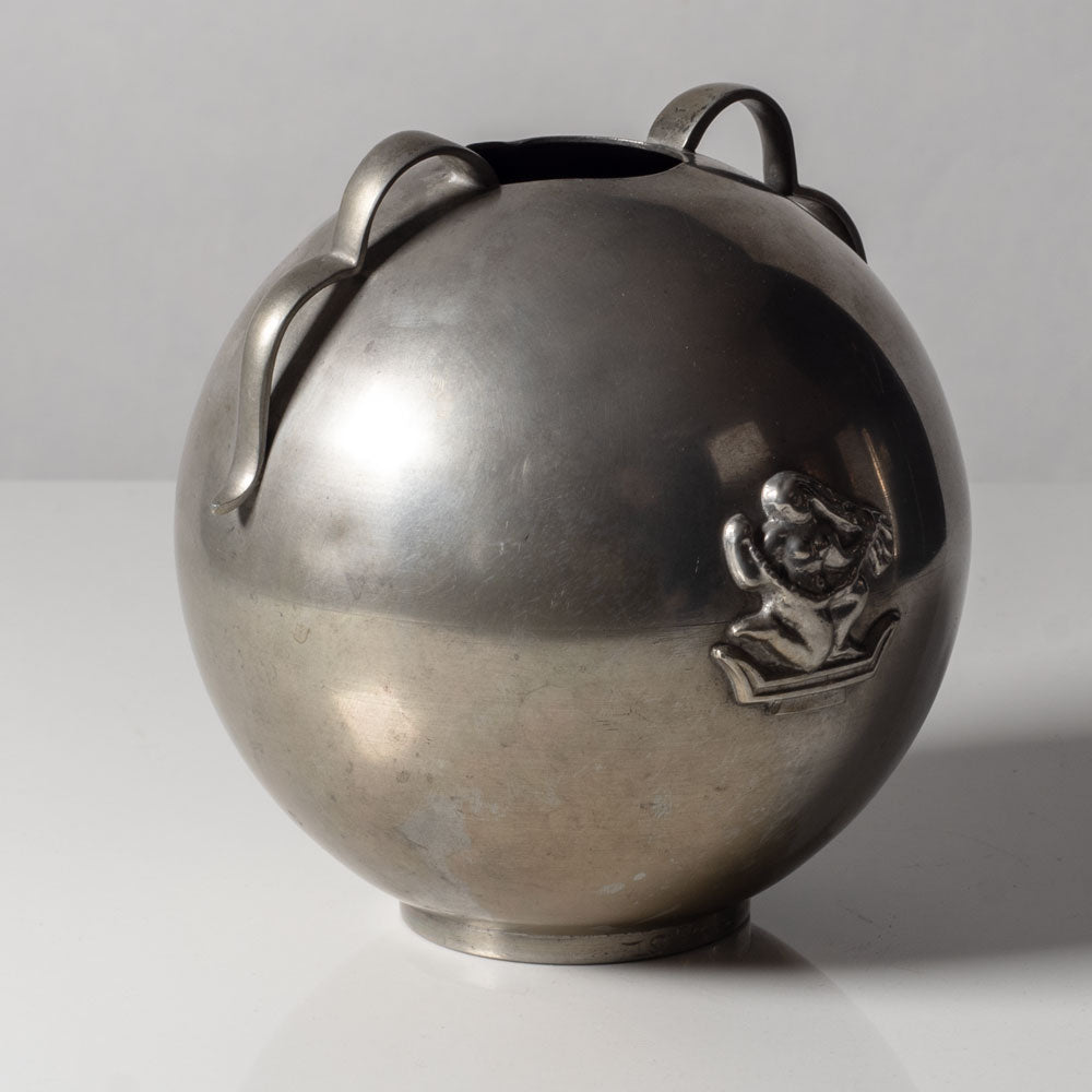 CG Hallberg, Sweden, handled round pewter vase with relief L3768