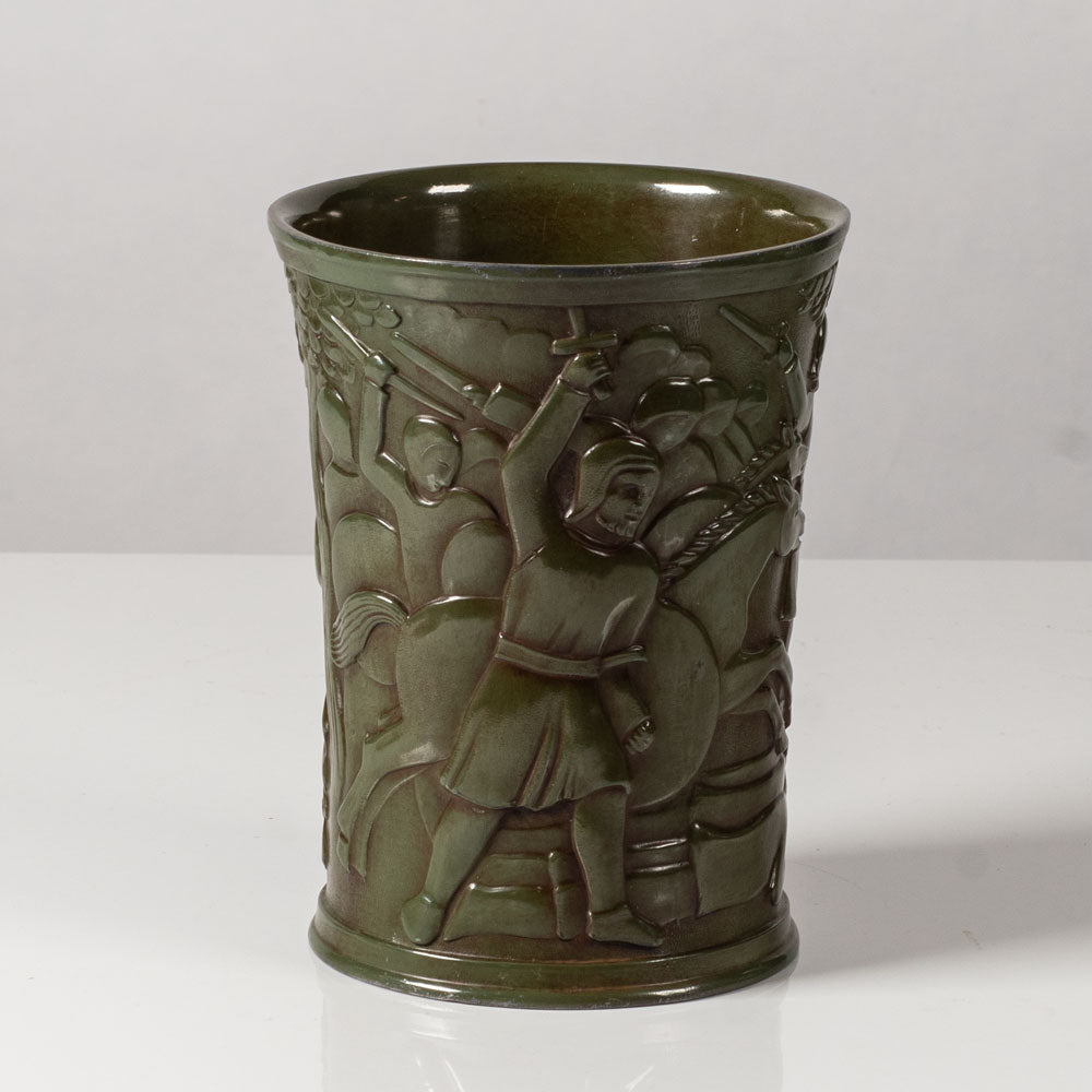 Just Andersen, Denmark, Disko metal vase with relief of a battle scene L3723