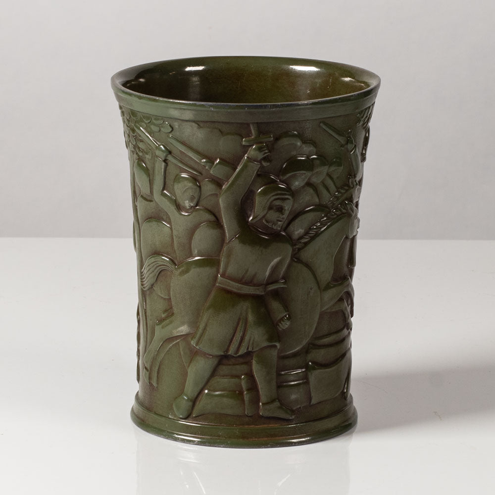 Just Andersen, Denmark, Disko metal vase with relief of a battle scene L3723