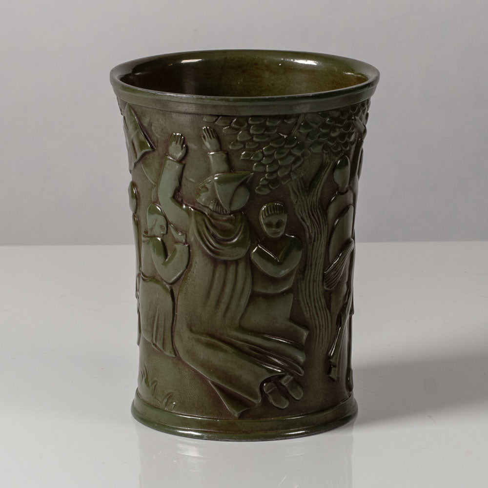 Just Andersen, Denmark, Disko metal vase with relief of a battle scene L3723