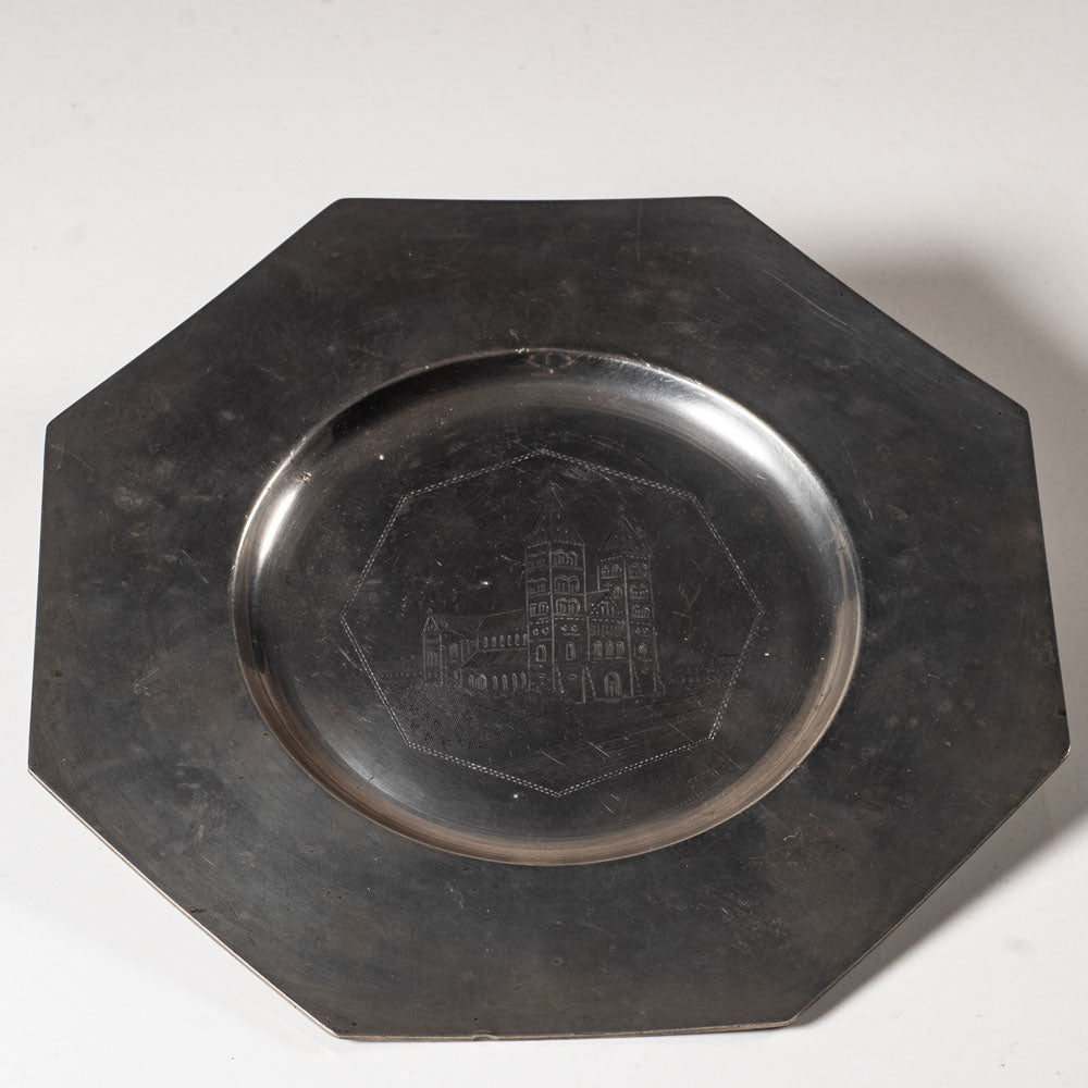 A. Bergengren, Sweden, pewter dish with engraved illustration L3695