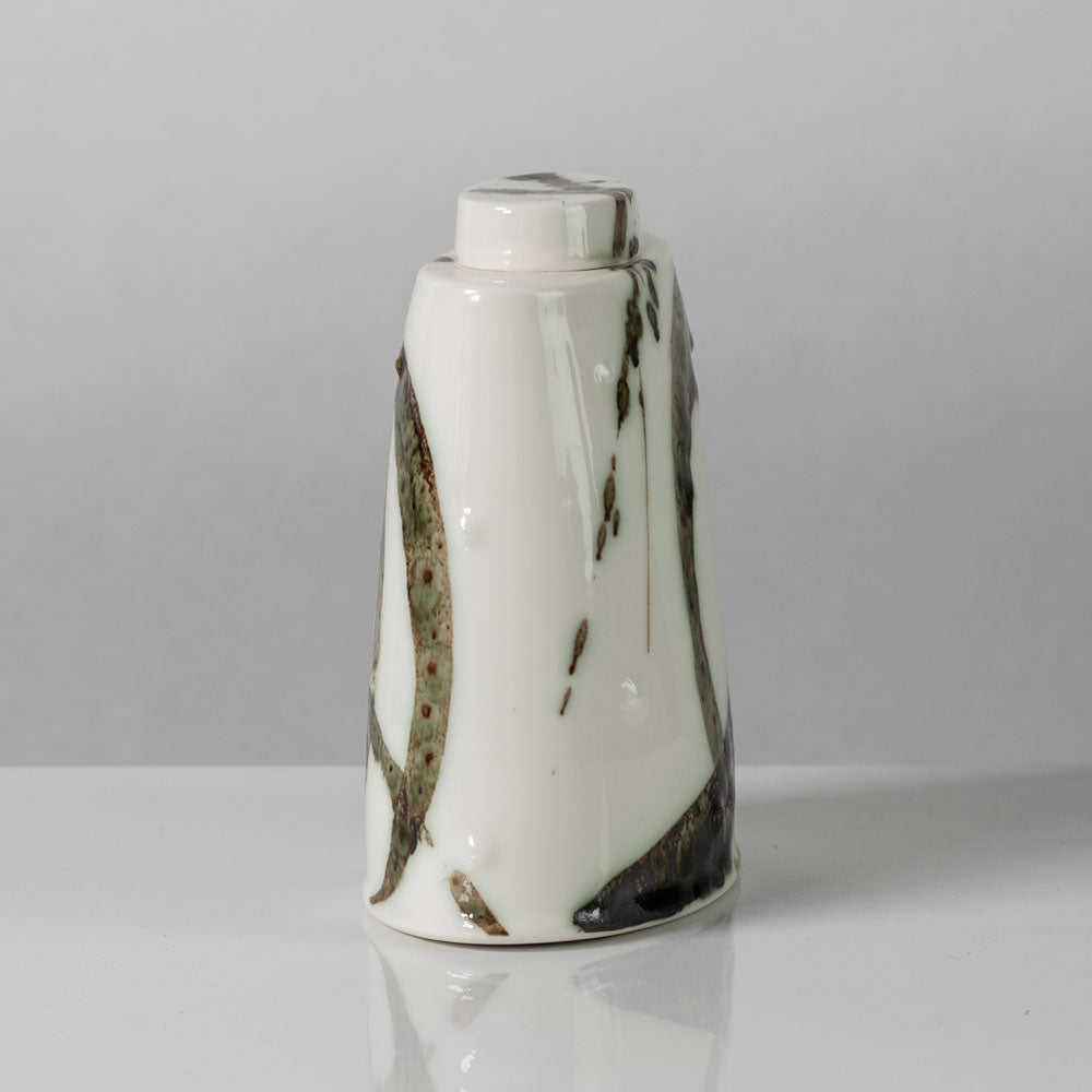 Tricia Thom, Edinburgh, UK, porcelain jar with glossy green, brown and white glaze K2190