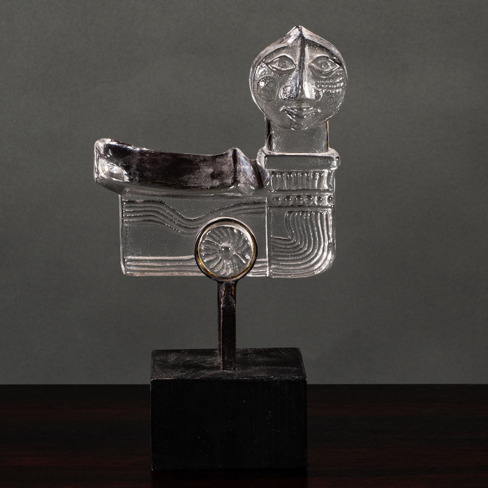 Bertil Vallien for Boda-Smide, Sweden, glass figure on iron and wooden stand L3840