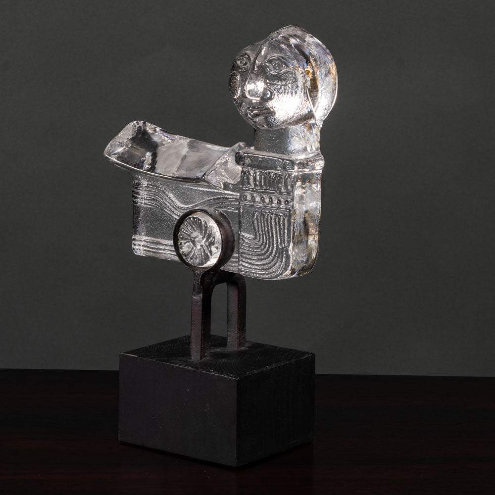 Bertil Vallien for Boda-Smide, Sweden, glass figure on iron and wooden stand L3840