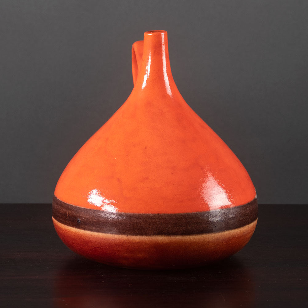 Bruno Gambone, Italy, stoneware handled vase with orange-red glaze K2029
