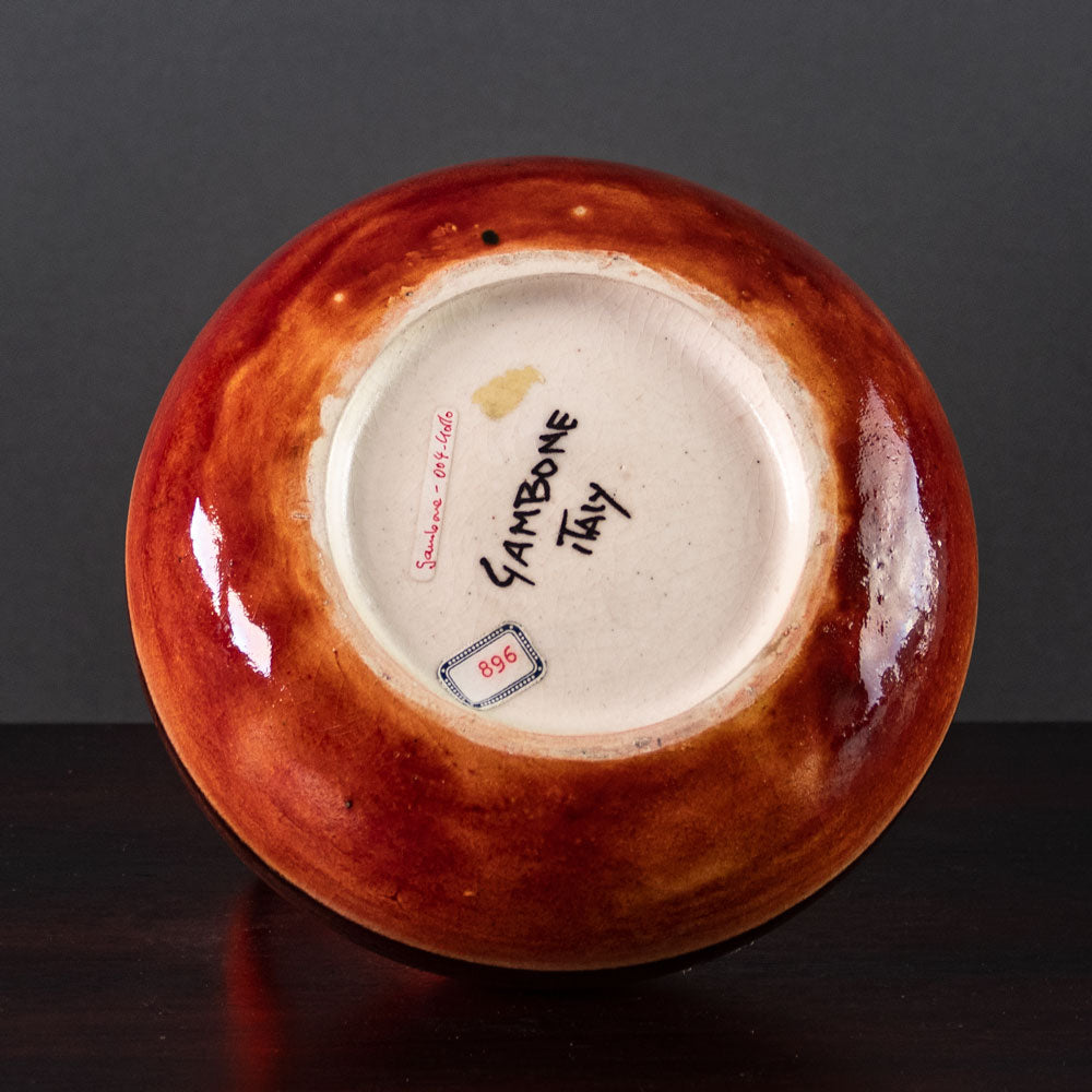 Bruno Gambone, Italy, stoneware handled vase with orange-red glaze K2029