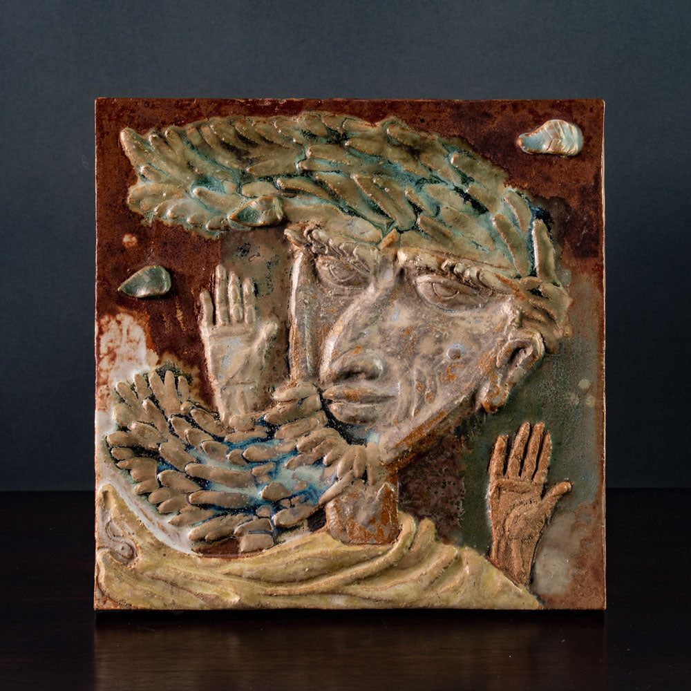 Stig Lindberg for Gustavsberg, Sweden, stoneware tile with relief illustration H1398