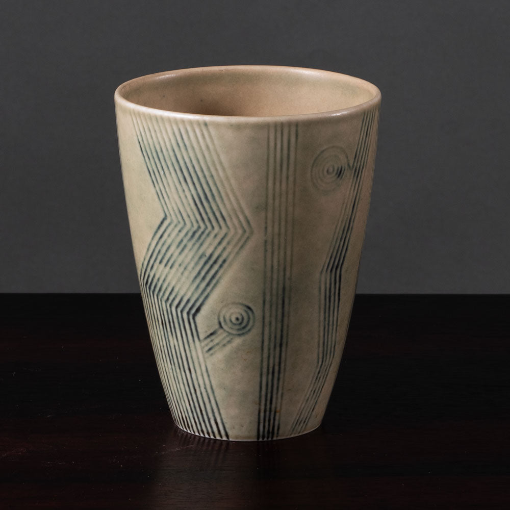 Carl Harry Stålhane for Rörstrand, Sweden, vase with buff matte glaze with blue line decoration L3729