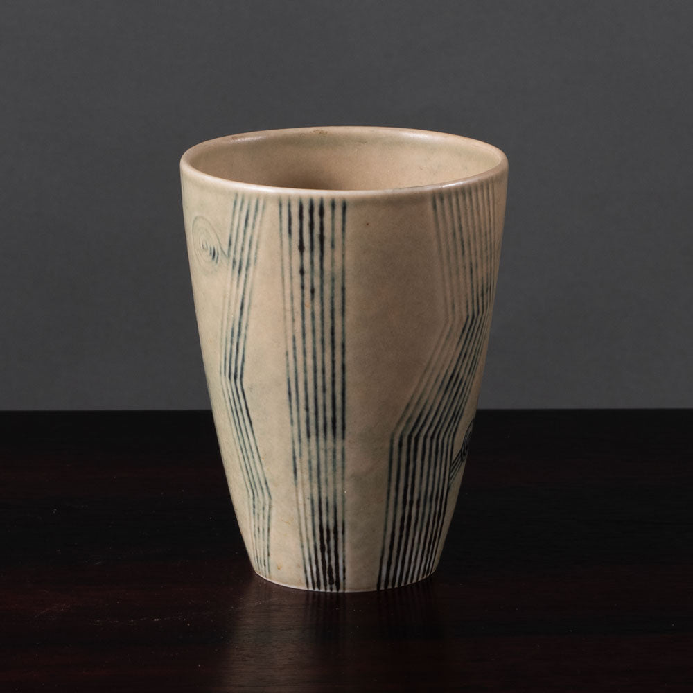 Carl Harry Stålhane for Rörstrand, Sweden, vase with buff matte glaze with blue line decoration L3729