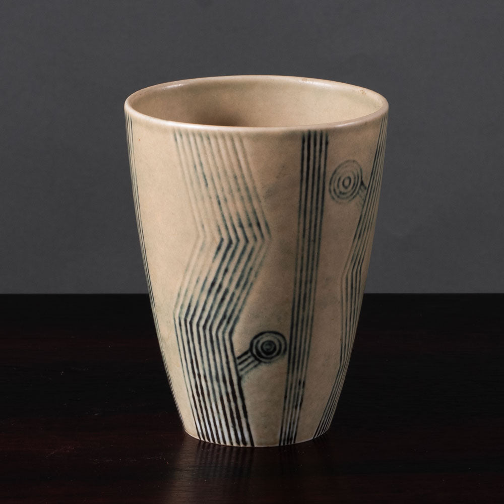 Carl Harry Stålhane for Rörstrand, Sweden, vase with buff matte glaze with blue line decoration L3729