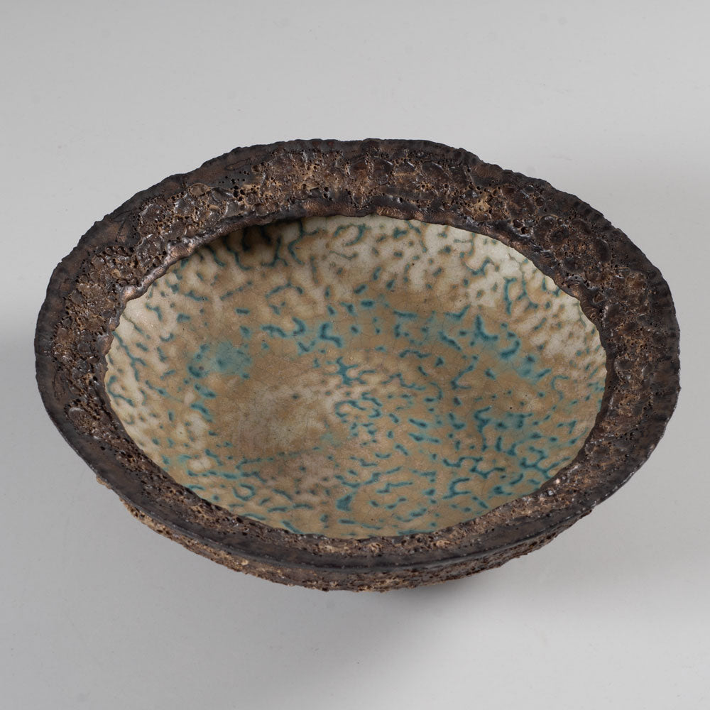 Deirdre Burnett, own studio, UK, unique stoneware bowl with brown, cream and blue volcanic glaze K2172