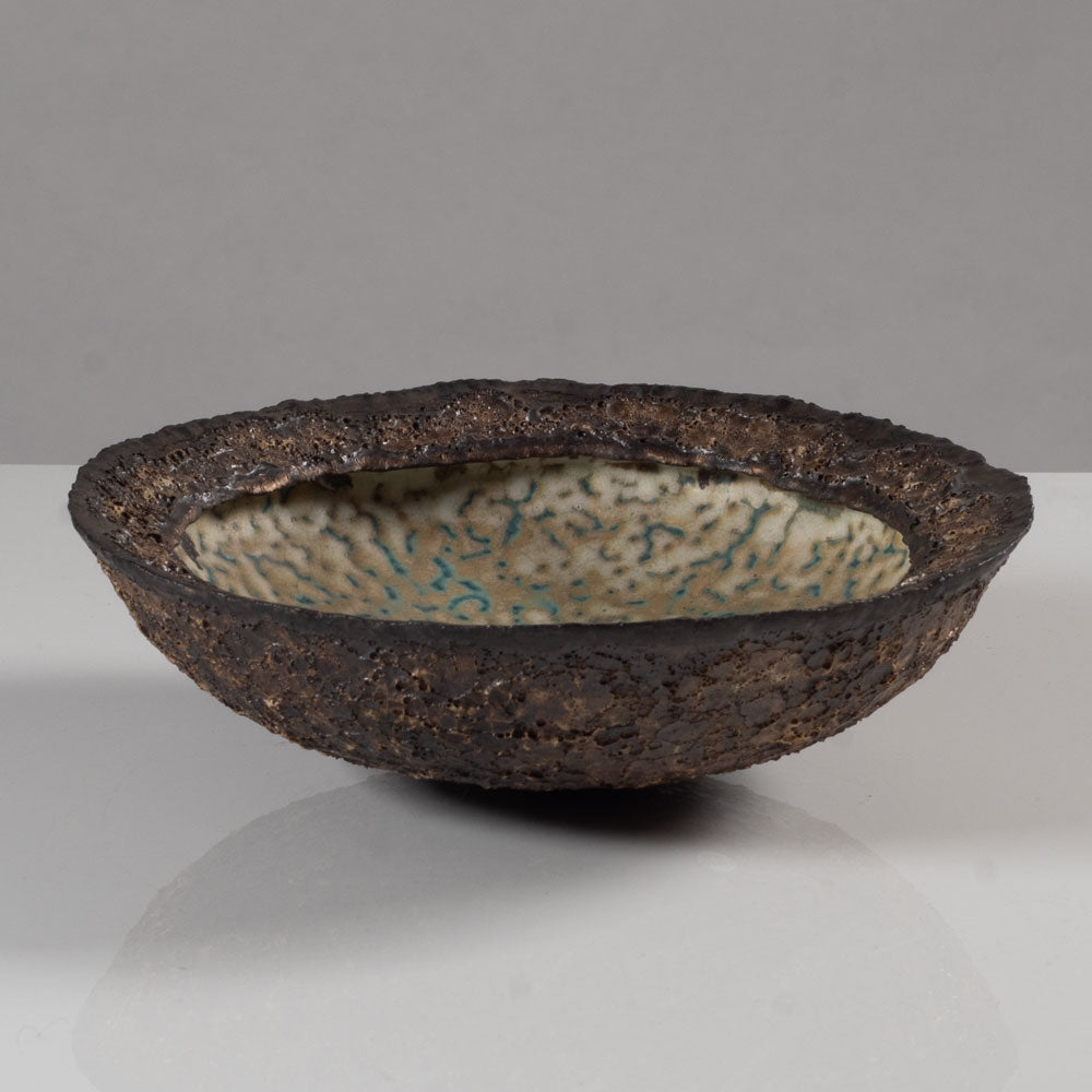 Deirdre Burnett, own studio, UK, unique stoneware bowl with brown, cream and blue volcanic glaze K2172