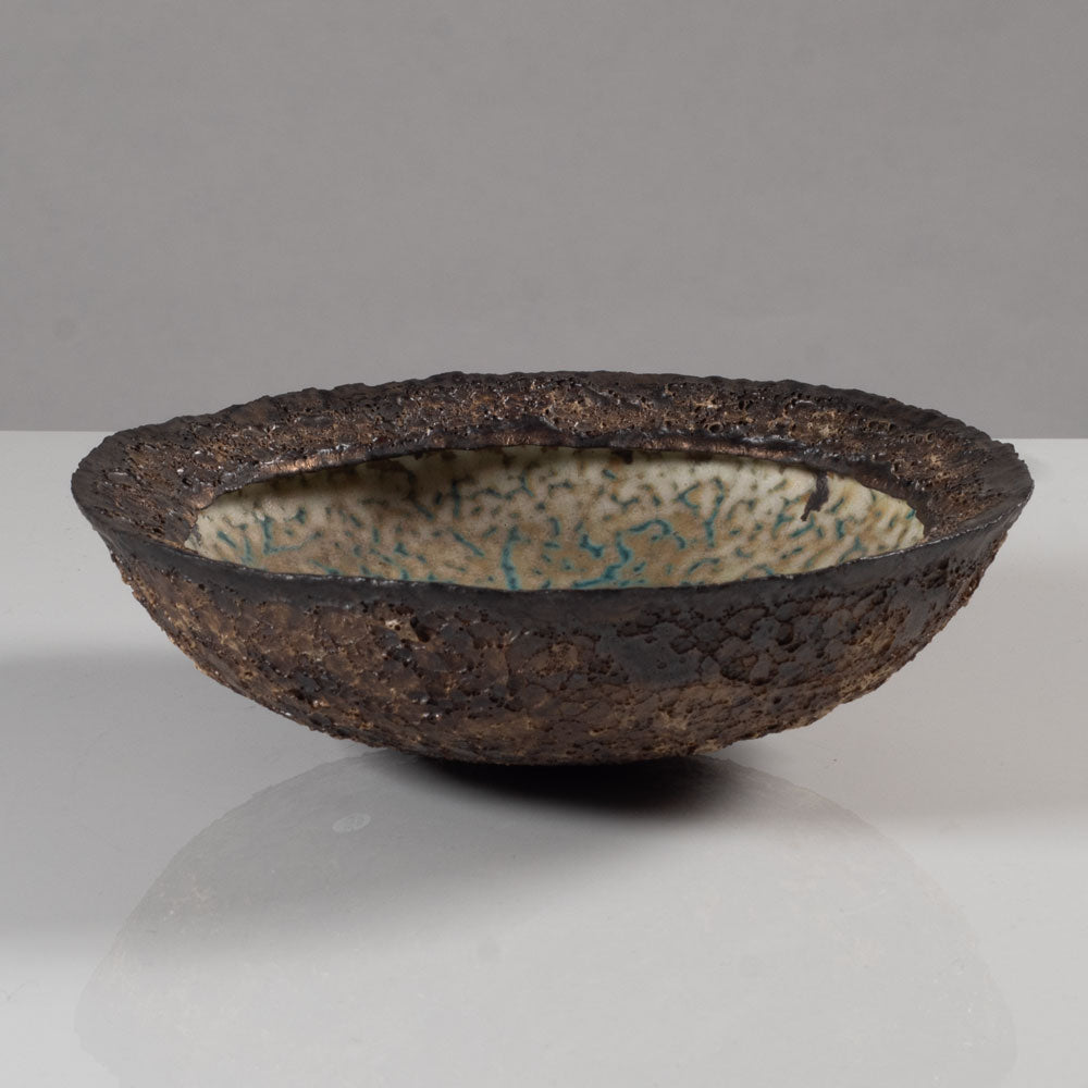Deirdre Burnett, own studio, UK, unique stoneware bowl with brown, cream and blue volcanic glaze K2172