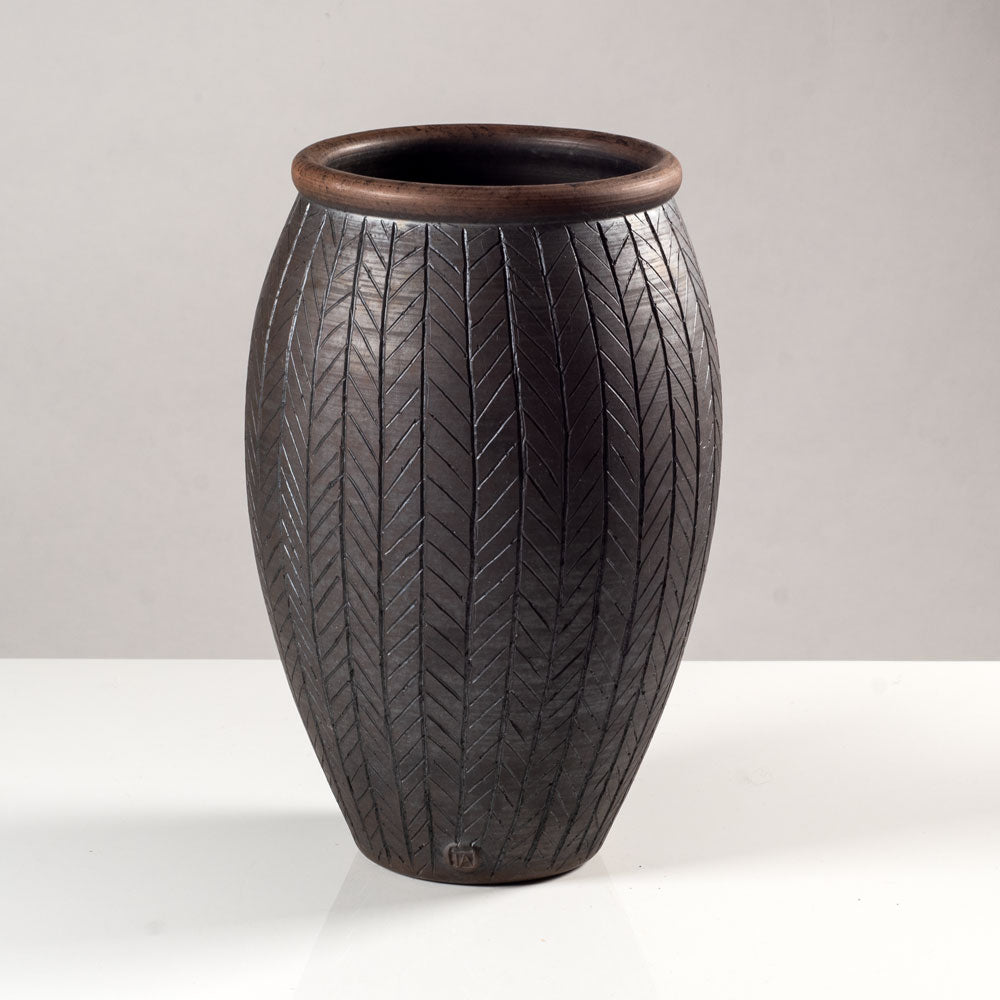 Tim Andrews, UK, earthenware raku vase with incised lines K3189