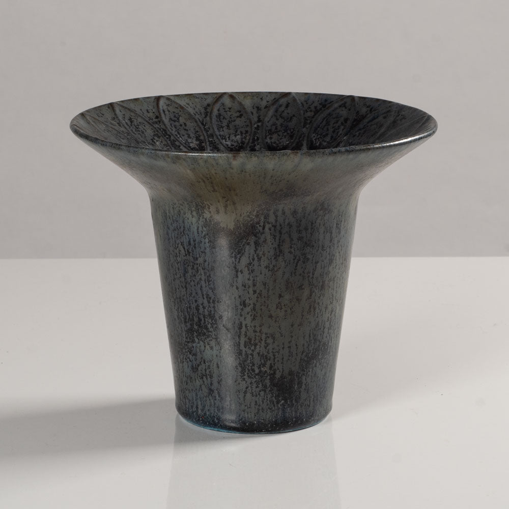 Hertha Bengtson for Rörstrand, Sweden, stoneware vase with blue haresfur glaze and impressed pattern to rim K2119