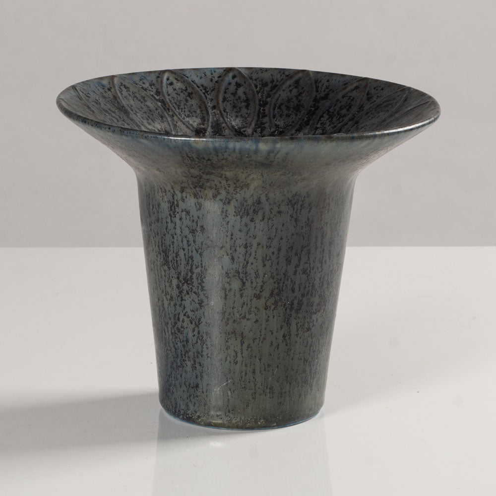 Hertha Bengtson for Rörstrand, Sweden, stoneware vase with blue haresfur glaze and impressed pattern to rim K2119