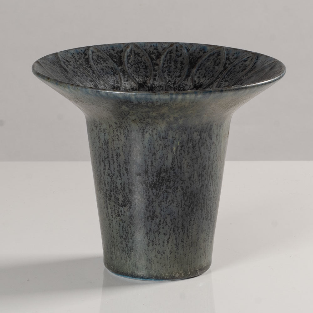 Hertha Bengtson for Rörstrand, Sweden, stoneware vase with blue haresfur glaze and impressed pattern to rim K2119