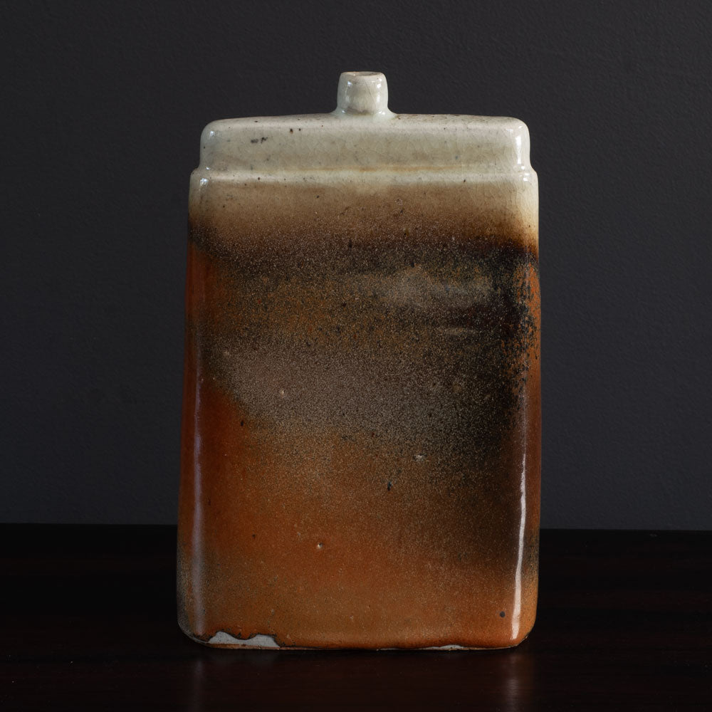 Ingeborg and Bruno Asshoff, Germany, unique stoneware flattened bottle vase with brown and off-white crackle glaze K2903