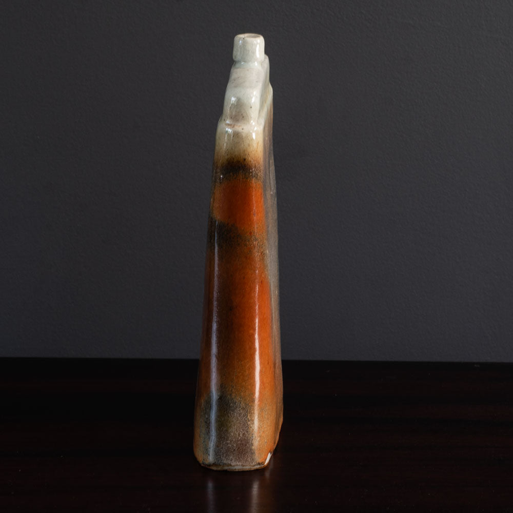 Ingeborg and Bruno Asshoff, Germany, unique stoneware flattened bottle vase with brown and off-white crackle glaze K2903