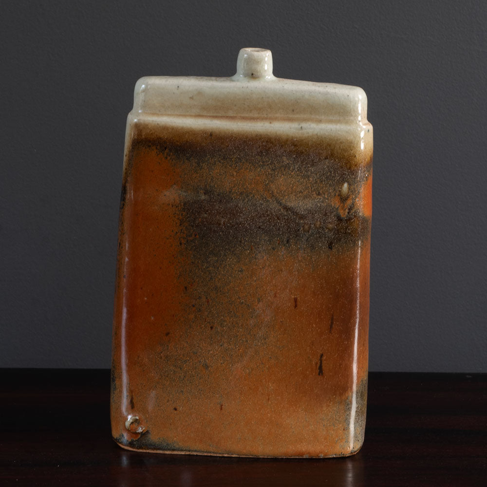 Ingeborg and Bruno Asshoff, Germany, unique stoneware flattened bottle vase with brown and off-white crackle glaze K2903