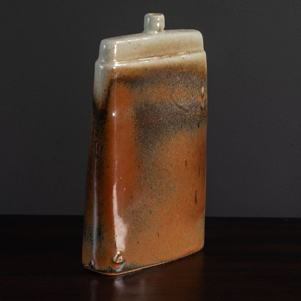 Ingeborg and Bruno Asshoff, Germany, unique stoneware flattened bottle vase with brown and off-white crackle glaze K2903