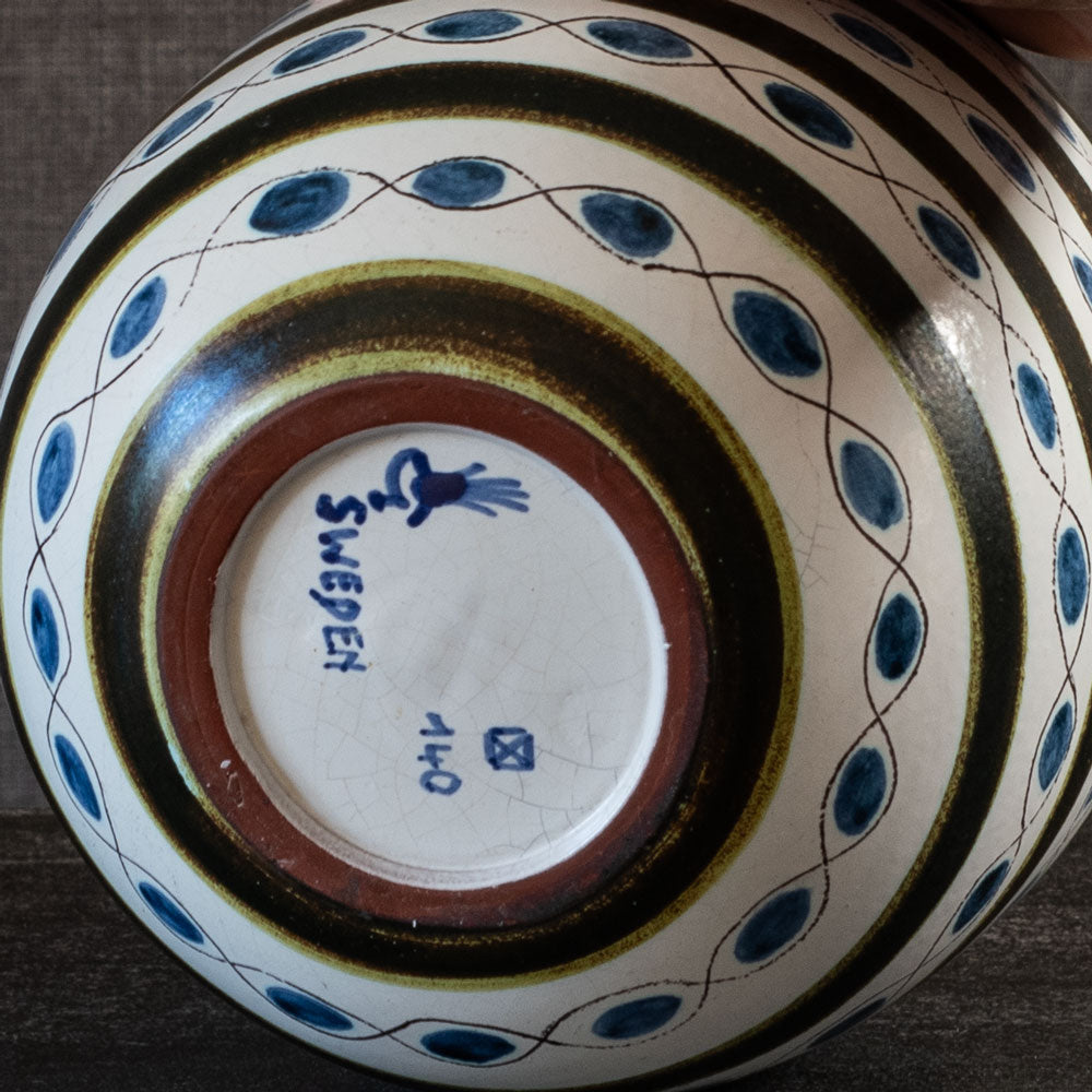 Stig Lindberg for Gustavsberg, Sweden, faiance vase with blue, brown and white decoration L3971