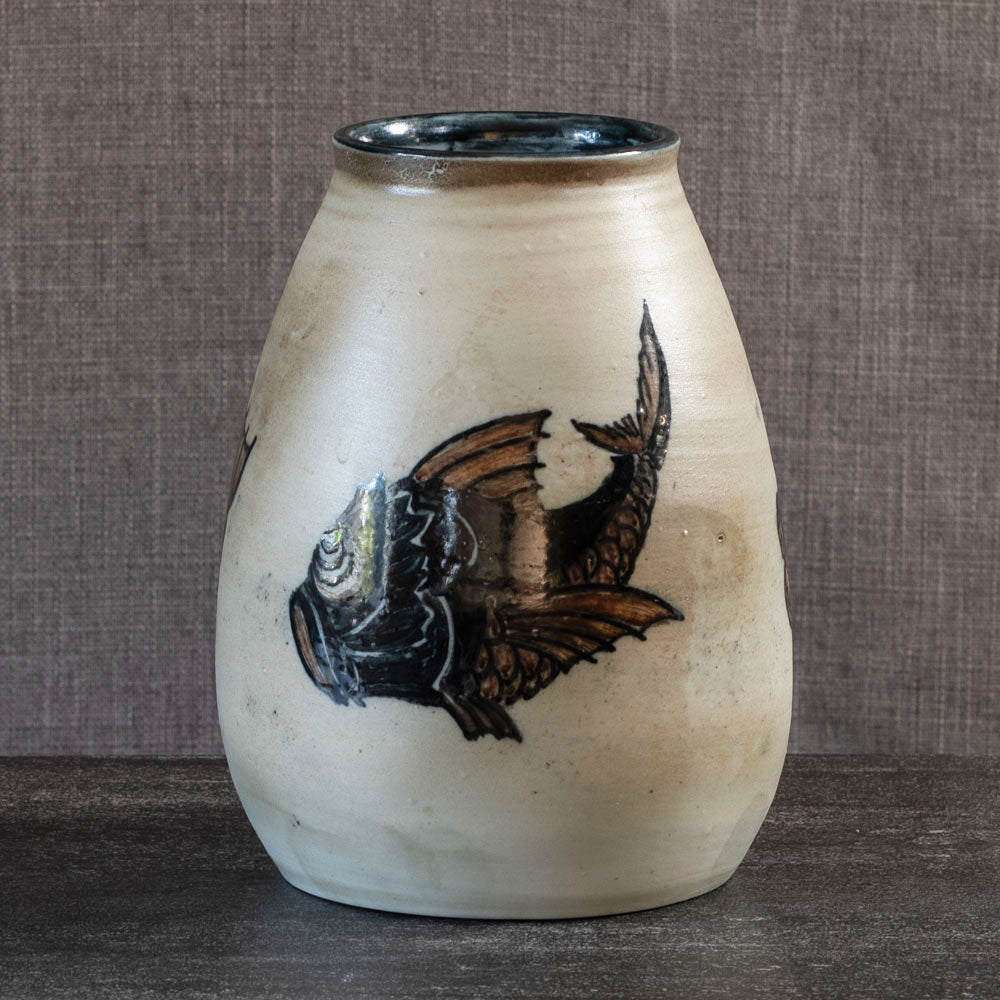 Josef Ekberg for Rorstrand, Sweden, unique stoneware vase with handpainted underglaze fish L3920