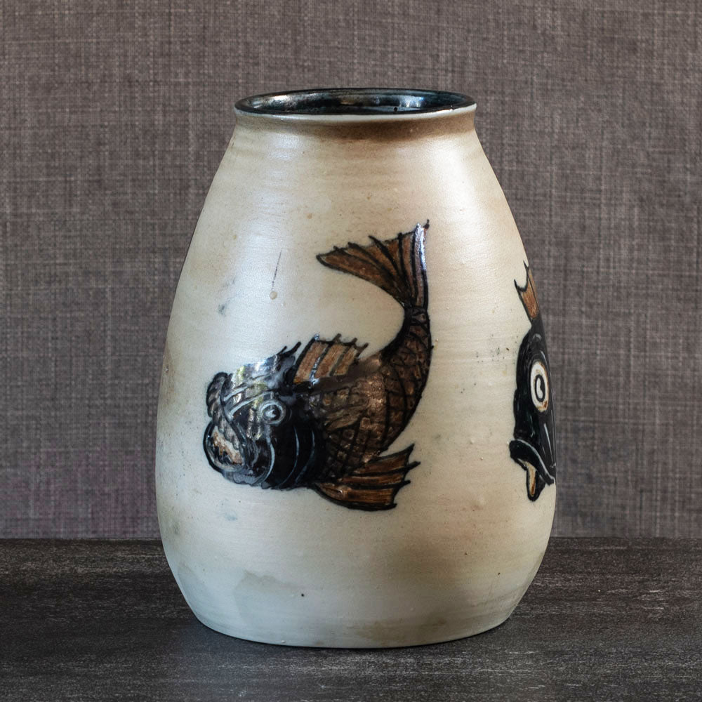 Josef Ekberg for Rorstrand, Sweden, unique stoneware vase with handpainted underglaze fish L3920