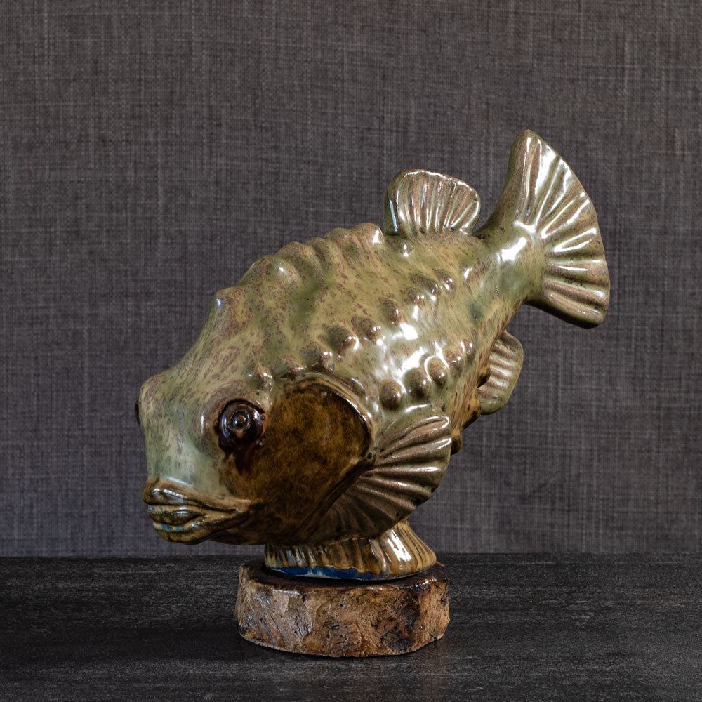 Klas-Göran Klaesson, Höganäs, Sweden, unique earthenware fish with olive glaze L3809