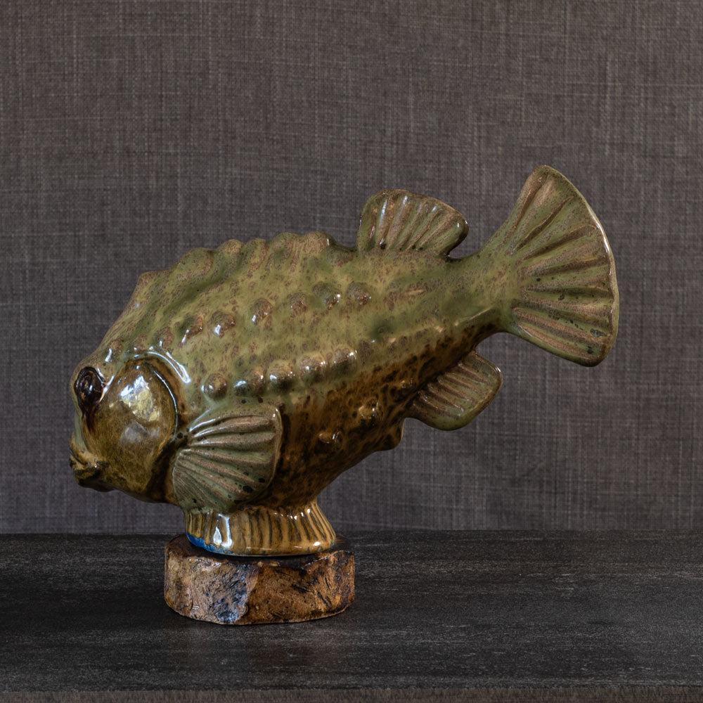 Klas-Göran Klaesson, Höganäs, Sweden, unique earthenware fish with olive glaze L3809