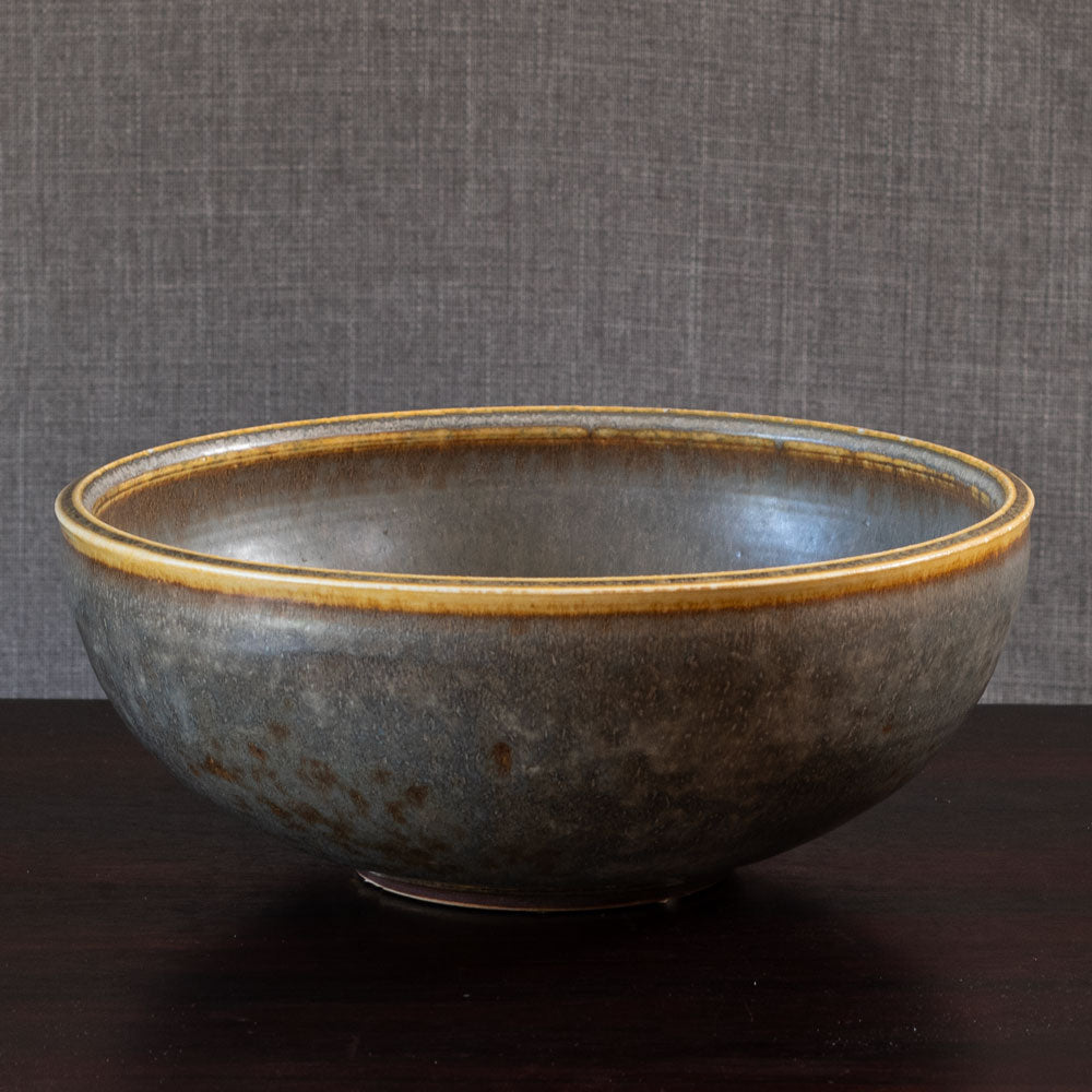 Carl Harry Stalhane for Rorstrand, Sweden, large stoneware bowl with yellow and gray haresfur glaze L3924