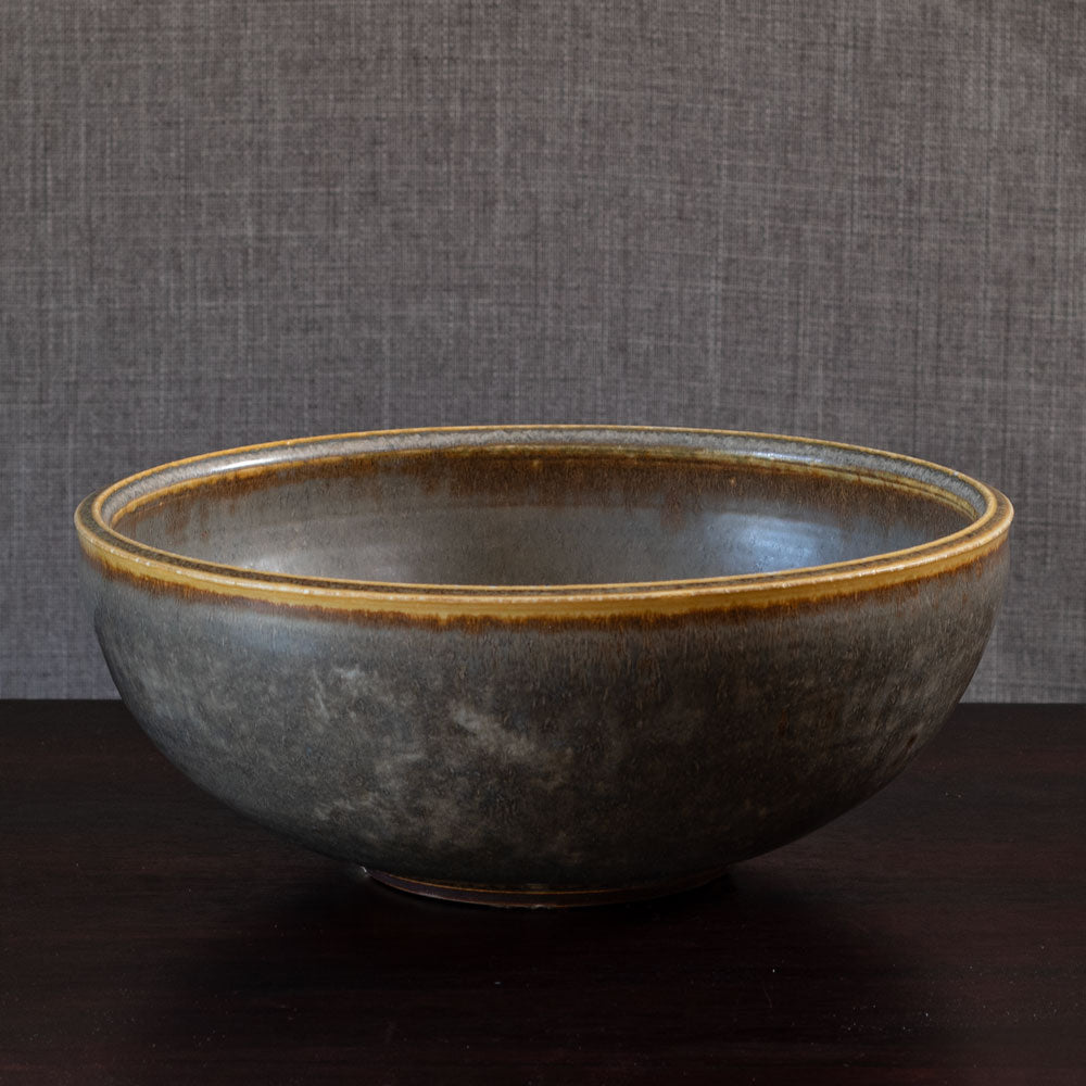 Carl Harry Stalhane for Rorstrand, Sweden, large stoneware bowl with yellow and gray haresfur glaze L3924