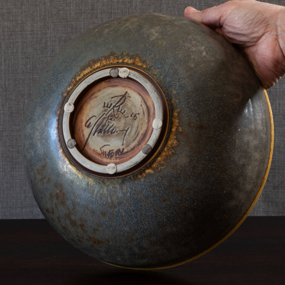 Carl Harry Stalhane for Rorstrand, Sweden, large stoneware bowl with yellow and gray haresfur glaze L3924