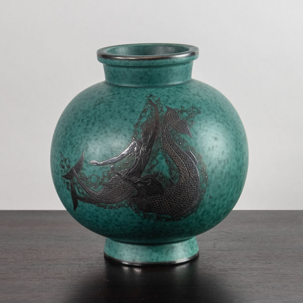 Wilhelm Kåge for Gustavsberg, Sweden, "Argenta" vase with mermaid and fish illustration J1556