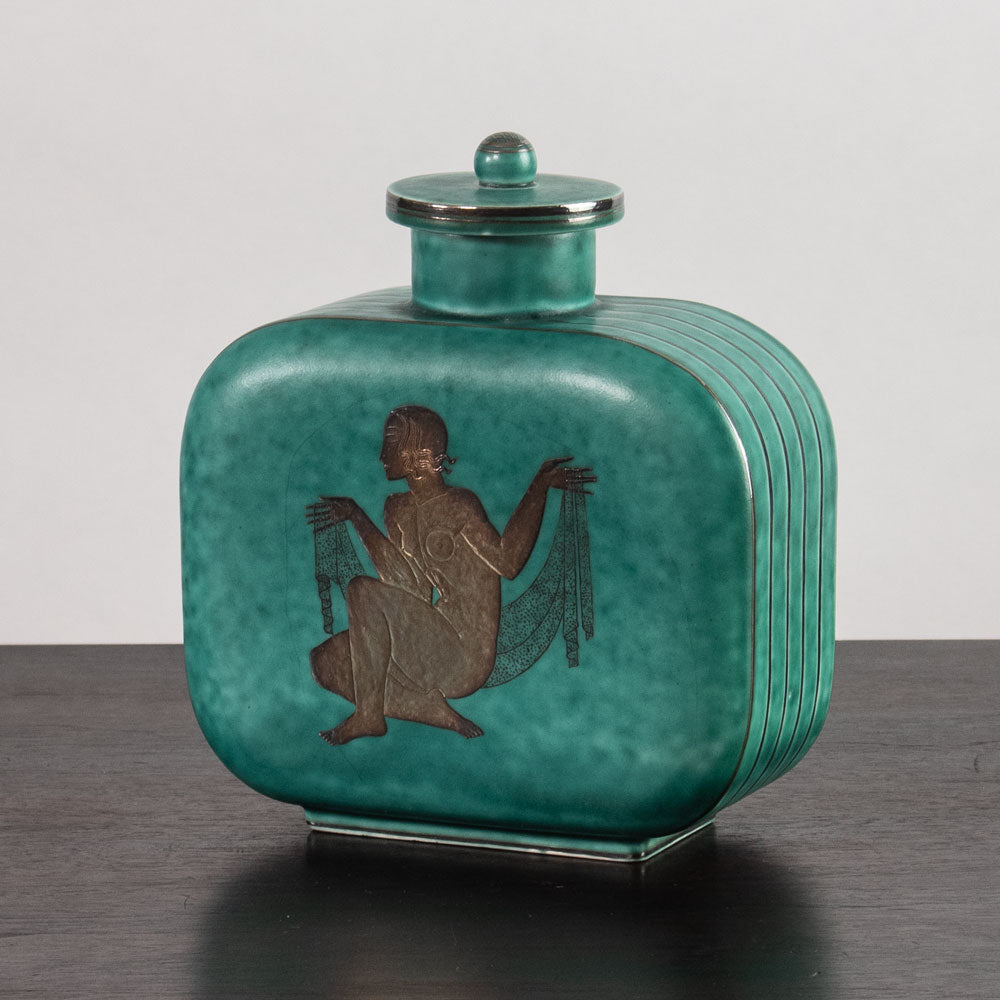 Wilhelm Kåge for Gustavsberg, Sweden, "Argenta" lidded flask with illustration of woman J1608