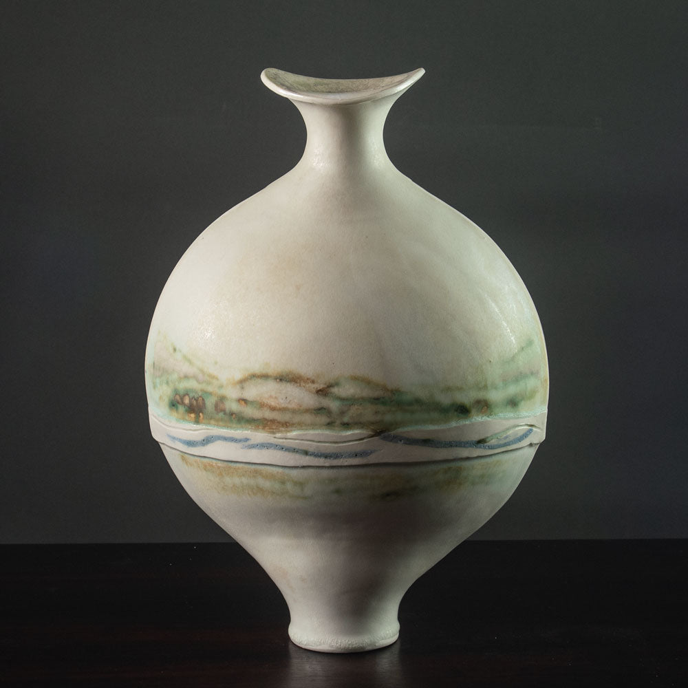 Otto Meier, own studio, Germany, flattened vase with green and white glaze J1738