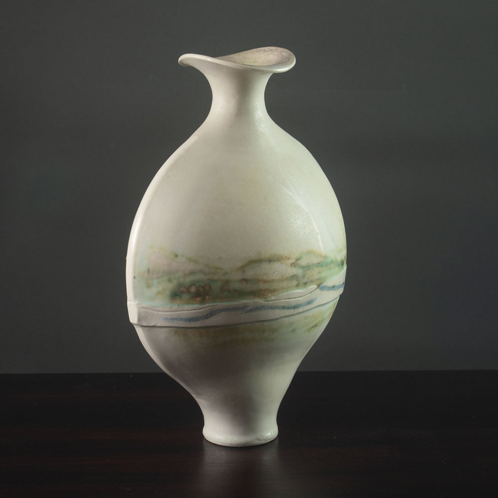 Otto Meier, own studio, Germany, flattened vase with green and white glaze J1738